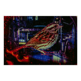 Cyberpunk Sparrow in Neon CityScape Perfect Poster