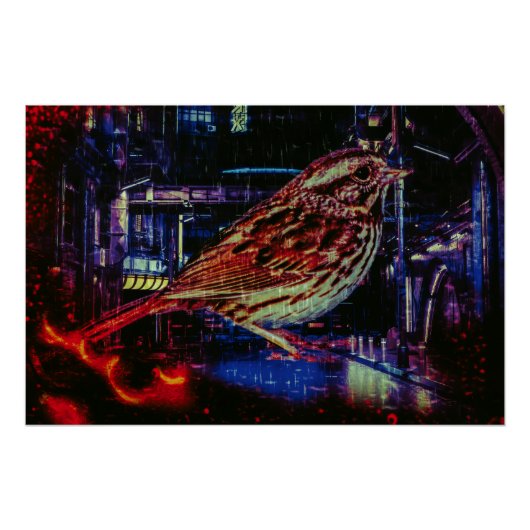 Cyberpunk Sparrow in Neon CityScape Perfect Poster (Voorkant)