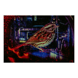 Cyberpunk Sparrow in Neon CityScape Perfect Poster