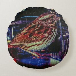 Cyberpunk Sparrow in Neon CityScape Rond Kussen