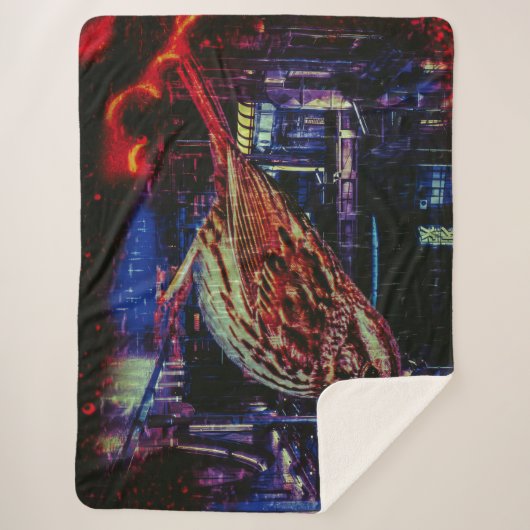 Cyberpunk Sparrow in Neon CityScape Sherpa Deken (Voorkant)