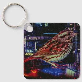 Cyberpunk Sparrow in Neon CityScape Sleutelhanger