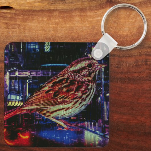 Cyberpunk Sparrow in Neon CityScape Sleutelhanger (Achterkant)