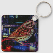 Cyberpunk Sparrow in Neon CityScape Sleutelhanger (Achterkant)