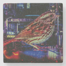Cyberpunk Sparrow in Neon CityScape Stenen Onderzetter