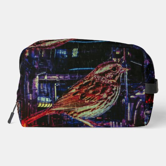 Cyberpunk Sparrow in Neon CityScape Toilettasje (Achterkant)