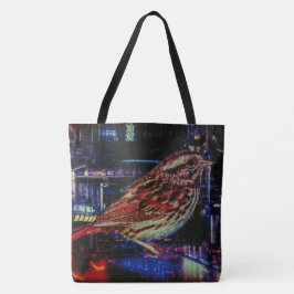 Cyberpunk Sparrow in Neon CityScape Tote Bag