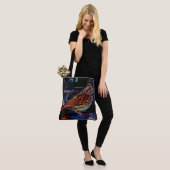 Cyberpunk Sparrow in Neon CityScape Tote Bag (Op model)