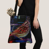 Cyberpunk Sparrow in Neon CityScape Tote Bag (Dichtbij)