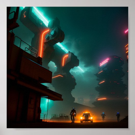Cyberpunk Stad 's nachts Poster (Voorkant)