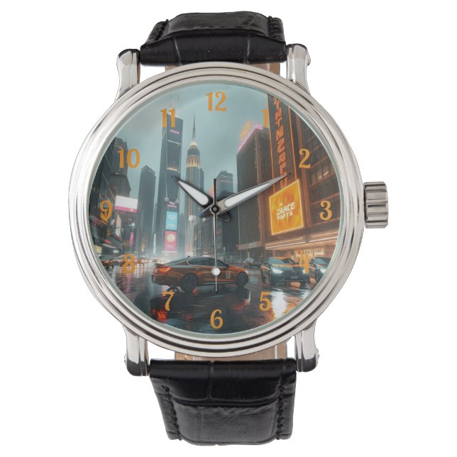 Cyberpunk Stad Wolkenkrabber Auto's Horloge (Voorkant)