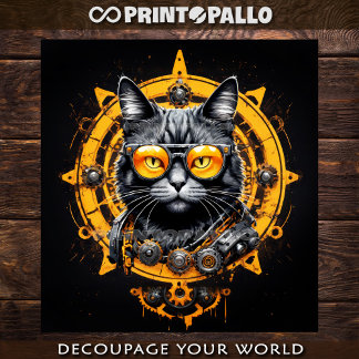 Cyberpunk steampunk cat with glasses - Decoupage  Inpakpapier Vel