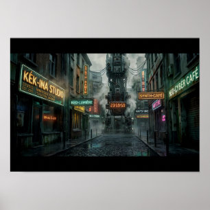 Cyberpunk steampunk toren Neon Regenachtig Steegje Poster