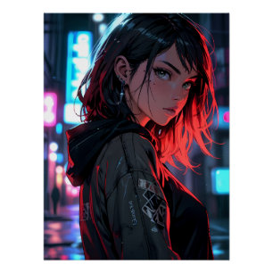 Cyberpunk Streetwear Anime Meisje Neon Nacht Stad Perfect Poster