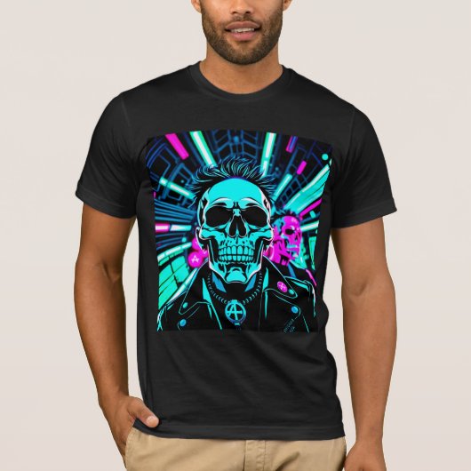 Cyberpunk Synthwave Schedel Neon T-Shirt (Voorkant)