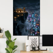 Cyberpunk-tempel boven neonstad poster (Thuiskantoor)