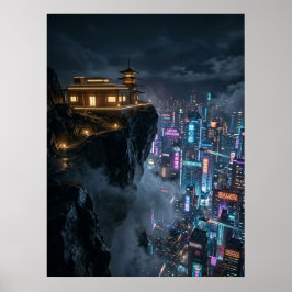 Cyberpunk-tempel boven neonstad poster