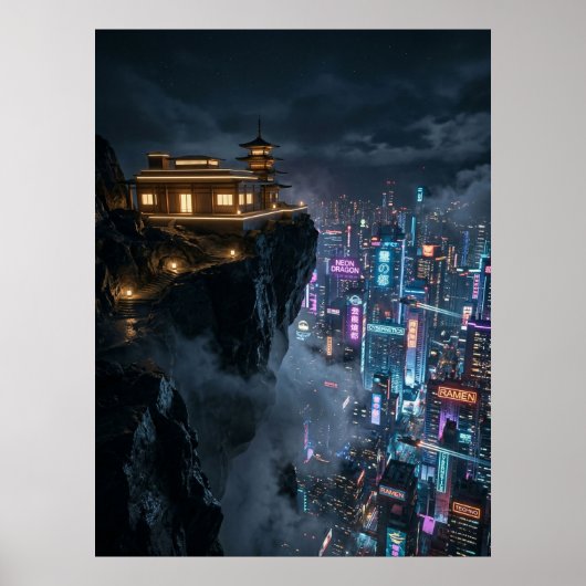 Cyberpunk-tempel boven neonstad poster (Voorkant)