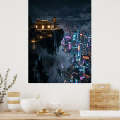 Cyberpunk-tempel boven neonstad poster (Keuken)