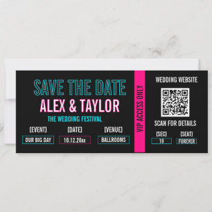 Cyberpunk Ticket Stub Save the Date Neon Bruilof Kaart