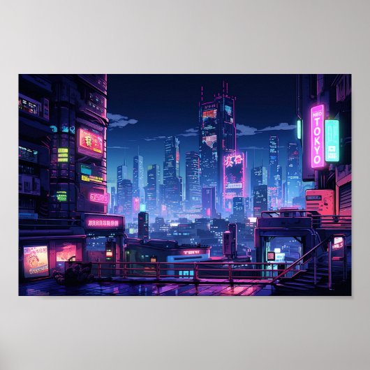 Cyberpunk Tokyo Rooftop City Poster (Voorkant)