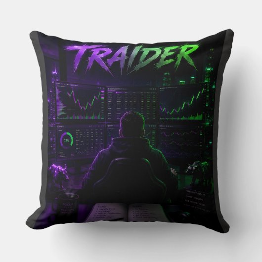 Cyberpunk TRAIDER kussen - Gaming & Trading (Voorkant)