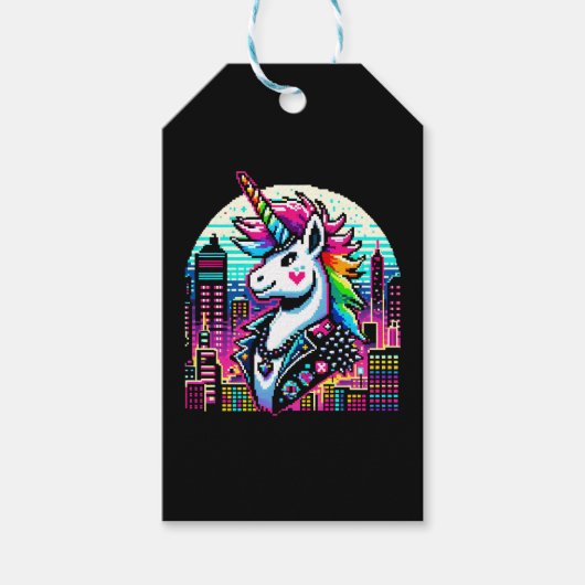 Cyberpunk Unicorn Neon Pixel Art Cityscape Design Cadeaulabel (Voorkant)
