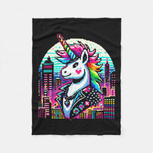 Cyberpunk Unicorn Neon Pixel Art Cityscape Design Fleece Deken