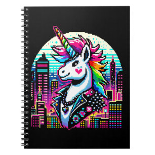 Cyberpunk Unicorn Neon Pixel Art Cityscape Design Notitieboek