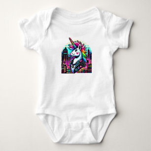 Cyberpunk Unicorn Neon Pixel Art Cityscape Design Romper