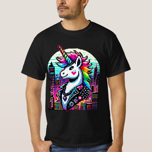 Cyberpunk Unicorn Neon Pixel Art Cityscape Design T-shirt (Voorkant)