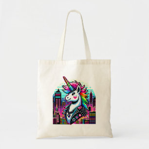 Cyberpunk Unicorn Neon Pixel Art Cityscape Design Tote Bag