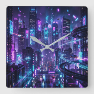 Cyberpunk vierkant neon futuristische stadslandsch vierkante klok