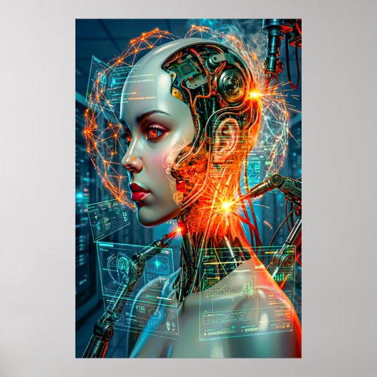 Cyberpunk Vrouwelijke Cyborg Neon Sci-Fi Tech Kuns Poster (Voorkant)