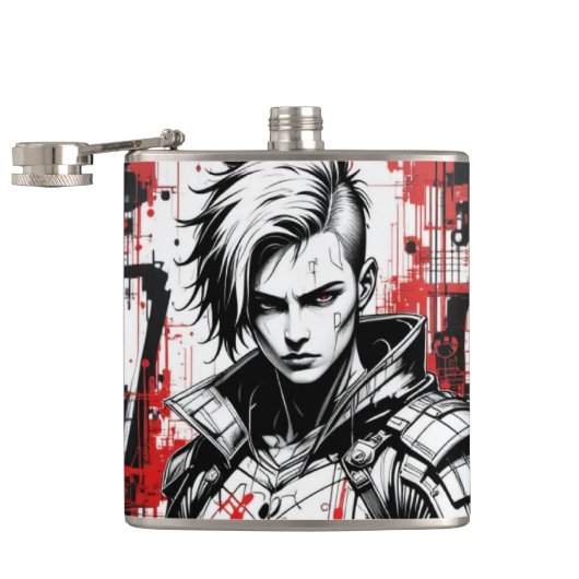 Cyberpunk Warrior Graffiti Flask – Rood, Zwart Heupfles (Geopend)