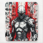 Cyberpunk Warrior Graffiti Mousepad – Rood, Zwart Muismat (Voorkant)
