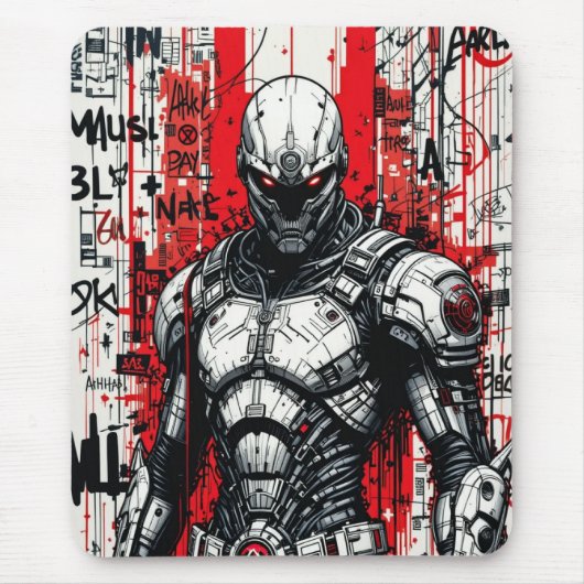 Cyberpunk Warrior Graffiti Mousepad – Rood, Zwart Muismat (Voorkant)