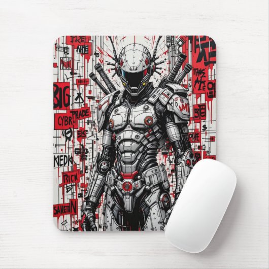 Cyberpunk Warrior Graffiti Mousepad – Rood, Zwart Muismat (Met muis)