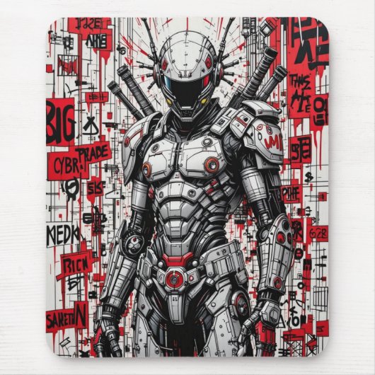Cyberpunk Warrior Graffiti Mousepad – Rood, Zwart Muismat (Voorkant)