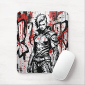 Cyberpunk Warrior Graffiti Mousepad – Rood, Zwart Muismat (Met muis)