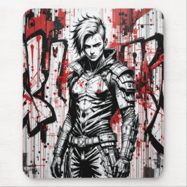 Cyberpunk Warrior Graffiti Mousepad – Rood, Zwart Muismat