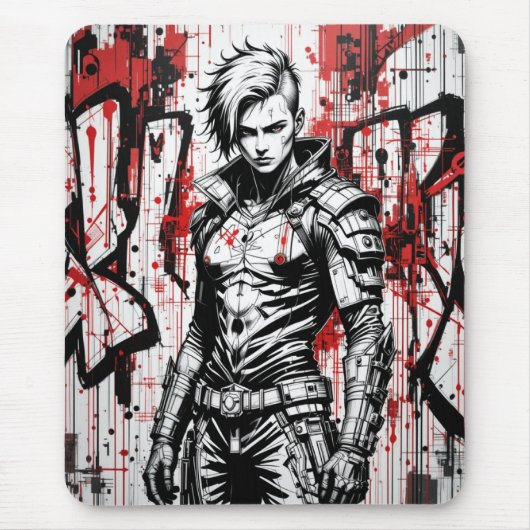 Cyberpunk Warrior Graffiti Mousepad – Rood, Zwart Muismat (Voorkant)