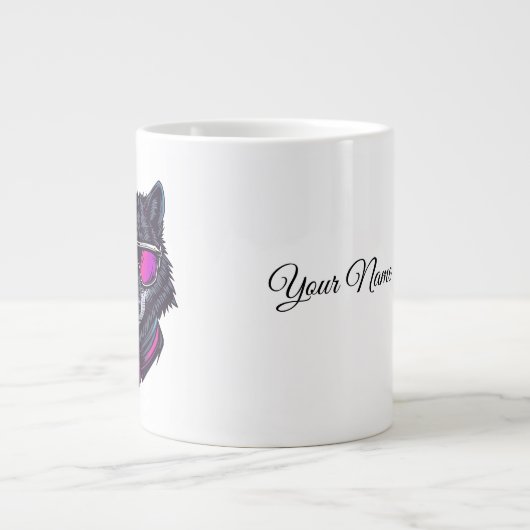 Cyberpunk Wolf Neon Art Personalizable Name Mug -  Grote Koffiekop (Voorkant)