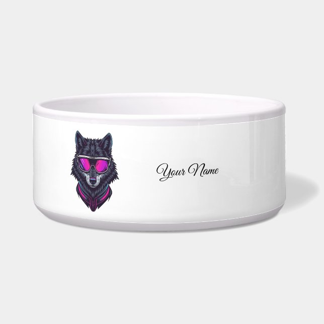 Cyberpunk Wolf Neon Art Personalizable Name Mug -  Voerbakje (Voorkant)
