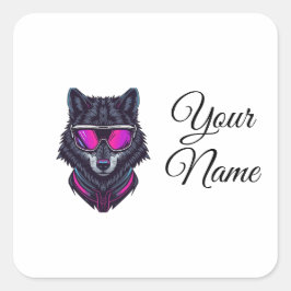Cyberpunk Wolf Neon Kunst Aanpasbare Naam Mok - Vierkante Sticker