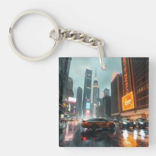 Cyberpunk Wolkenkrabber Stad Auto's Sleutelhanger (Voorkant)