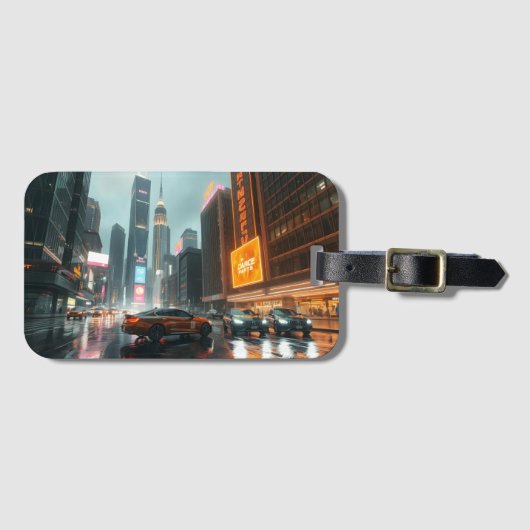 Cyberpunk wolkenkrabber stadsauto's bagagelabel (Voorkant (horizontaal))