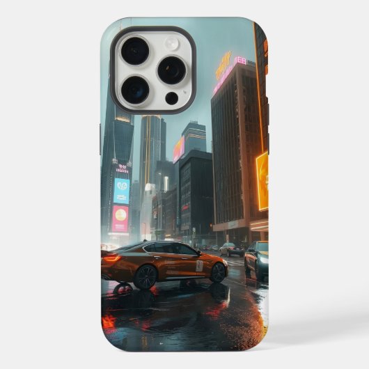 Cyberpunk wolkenkrabber stadsauto's iPhone hoesje (Achterkant)