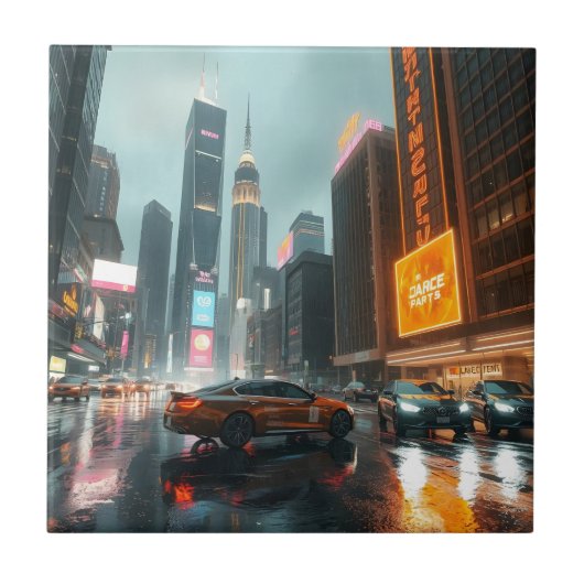 Cyberpunk wolkenkrabber stadsauto's tegeltje (Voorkant)