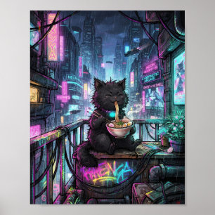 Cyberpunk Zwarte Kat die Ramen Slurpt Poster - Neo